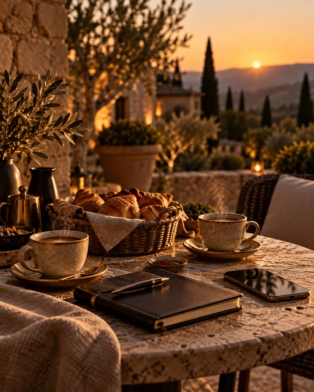 Petit-déjeuner servi sur une table en pierre d'une terrasse de maison d'hôtes, au coucher du soleil