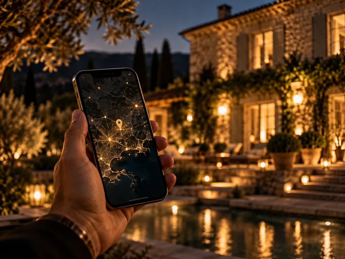 Main tenant un téléphone affichant une carte avec un repère doré, devant une maison d'hôtes en pierre éclairée le soir
