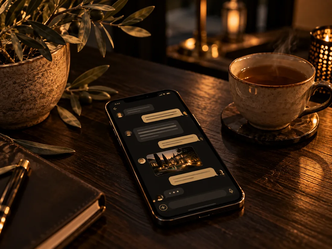 Téléphone affichant une conversation avec un assistant, posé sur une table avec une tasse de thé et un olivier