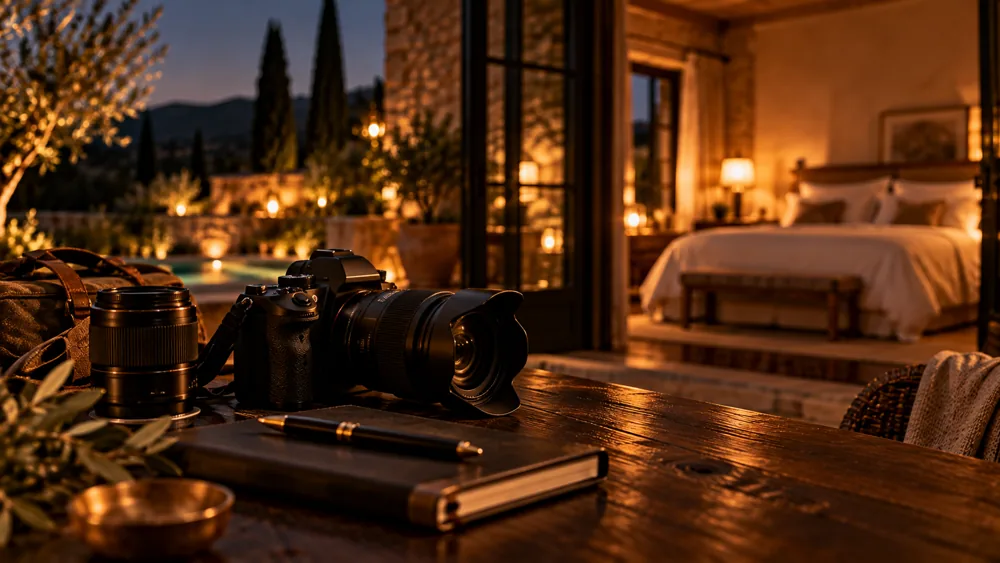 Appareil photo professionnel posé sur un bureau en bois sombre, devant une chambre d'hôtes éclairée le soir